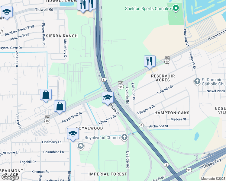 map of restaurants, bars, coffee shops, grocery stores, and more near Sam Houston Tollway in Houston