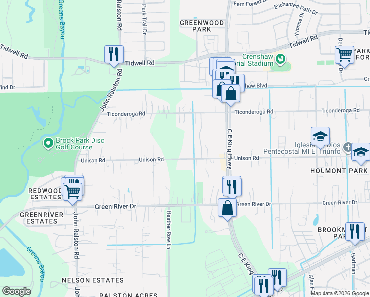 map of restaurants, bars, coffee shops, grocery stores, and more near 12107 Unison Road in Houston