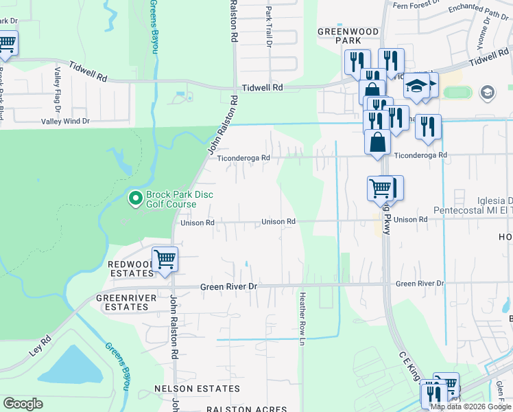 map of restaurants, bars, coffee shops, grocery stores, and more near 12015 Unison Road in Houston