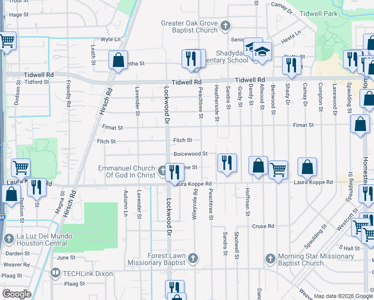 map of restaurants, bars, coffee shops, grocery stores, and more near 5018 Boicewood Street in Houston
