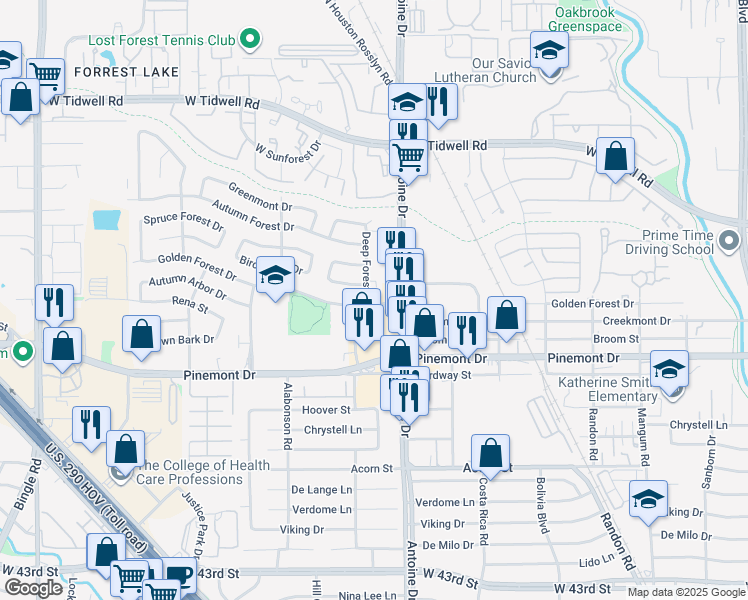 map of restaurants, bars, coffee shops, grocery stores, and more near 5402 Deep Forest Drive in Houston