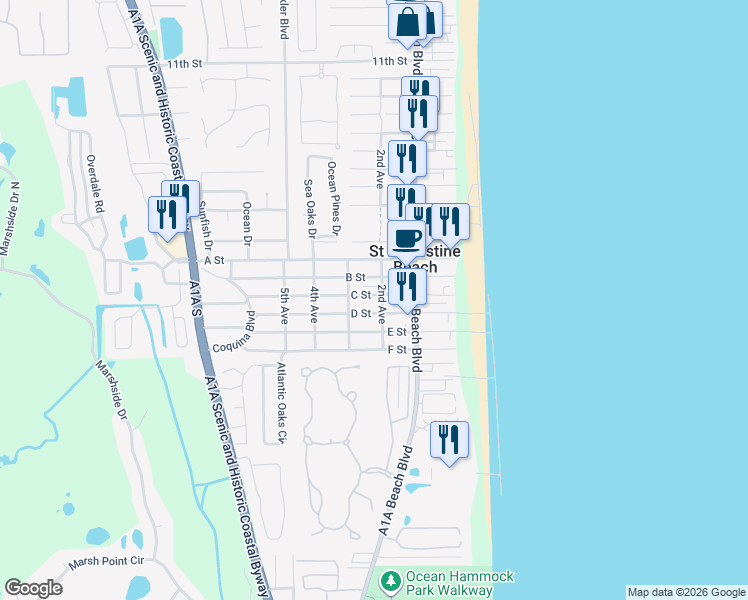 map of restaurants, bars, coffee shops, grocery stores, and more near 115 D Street in St. Augustine