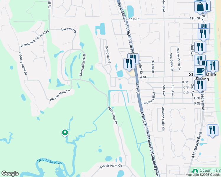 map of restaurants, bars, coffee shops, grocery stores, and more near 748 Tides End Drive in St. Augustine