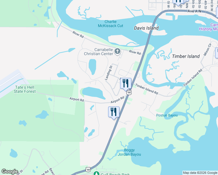 map of restaurants, bars, coffee shops, grocery stores, and more near 1666 Landing Street in Carrabelle