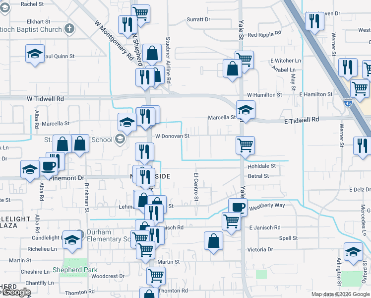map of restaurants, bars, coffee shops, grocery stores, and more near 601 West Donovan Street in Houston