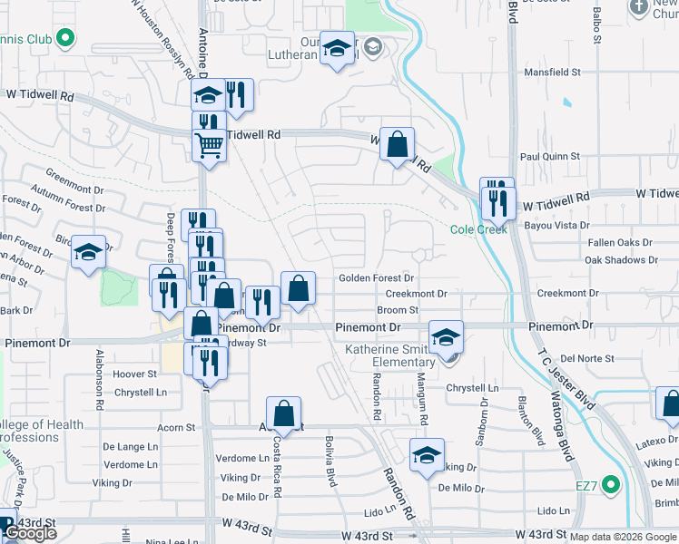 map of restaurants, bars, coffee shops, grocery stores, and more near 5108 Creekmont Drive in Houston