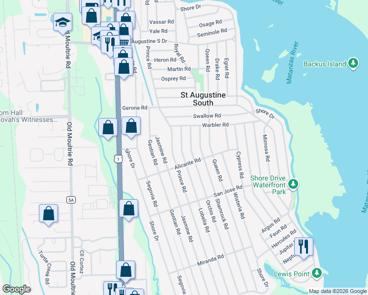 map of restaurants, bars, coffee shops, grocery stores, and more near 143 Lobelia Road in St. Augustine