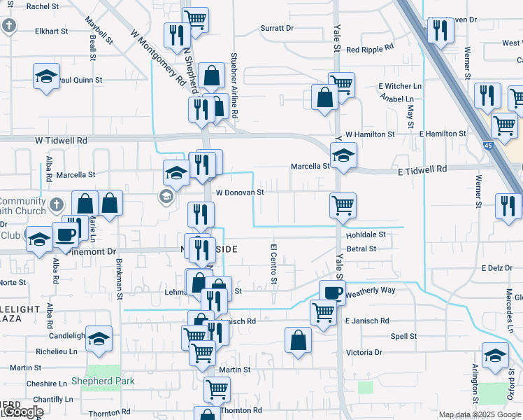 map of restaurants, bars, coffee shops, grocery stores, and more near 543 West Donovan Street in Houston
