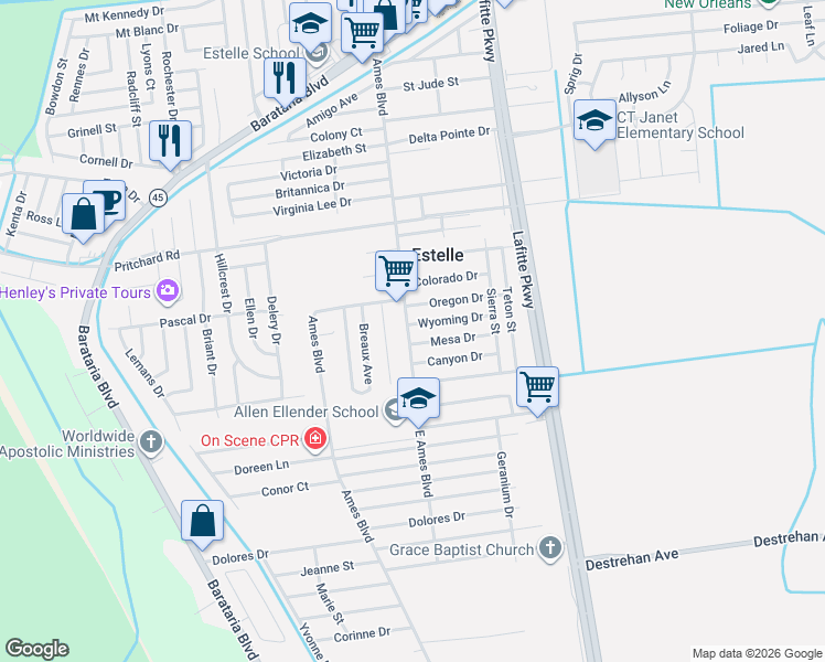 map of restaurants, bars, coffee shops, grocery stores, and more near 4220 East Ames Boulevard in Marrero