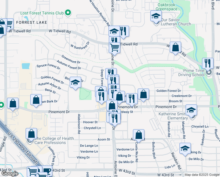 map of restaurants, bars, coffee shops, grocery stores, and more near 5425 Antoine Drive in Houston