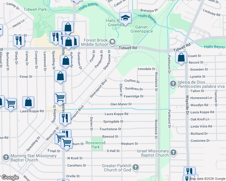 map of restaurants, bars, coffee shops, grocery stores, and more near 7422 Sundown Drive in Houston