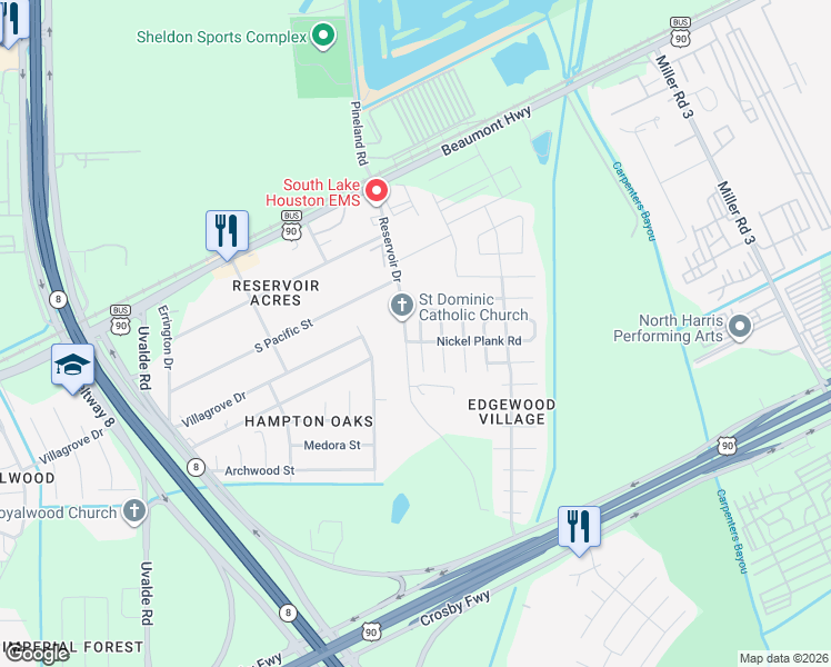 map of restaurants, bars, coffee shops, grocery stores, and more near 8226 Redbud Point Lane in Houston