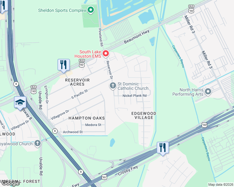 map of restaurants, bars, coffee shops, grocery stores, and more near 8226 Redbud Point Lane in Houston