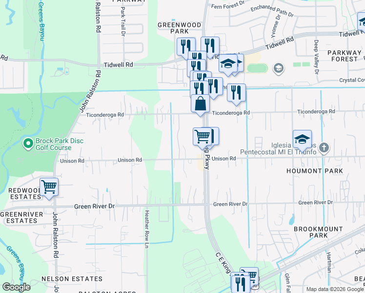 map of restaurants, bars, coffee shops, grocery stores, and more near 12302 Ticonderoga Road in Houston