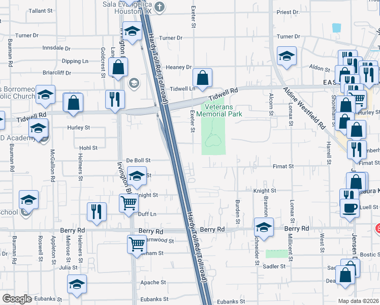 map of restaurants, bars, coffee shops, grocery stores, and more near 1725 Hector Street in Houston