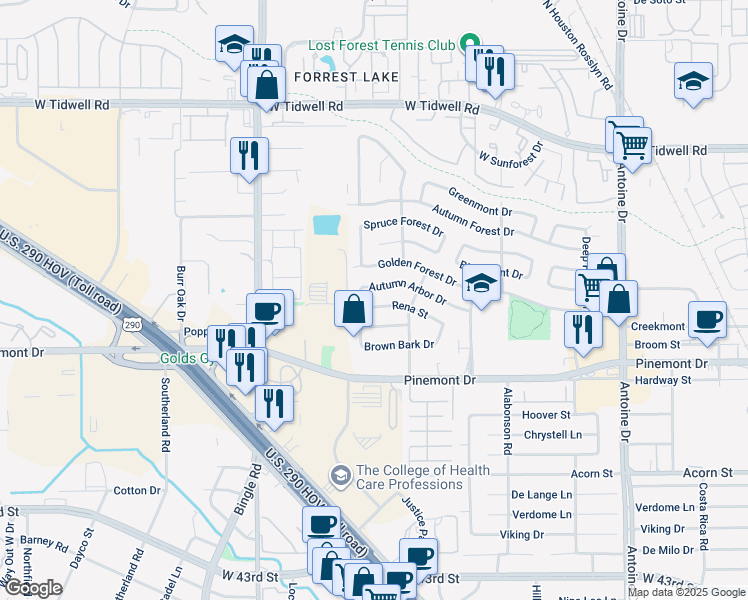 map of restaurants, bars, coffee shops, grocery stores, and more near 6226 Autumn Arbor Drive in Houston
