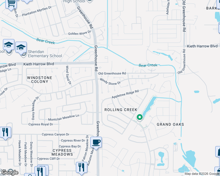 map of restaurants, bars, coffee shops, grocery stores, and more near 18914 Windy Stone Drive in Houston