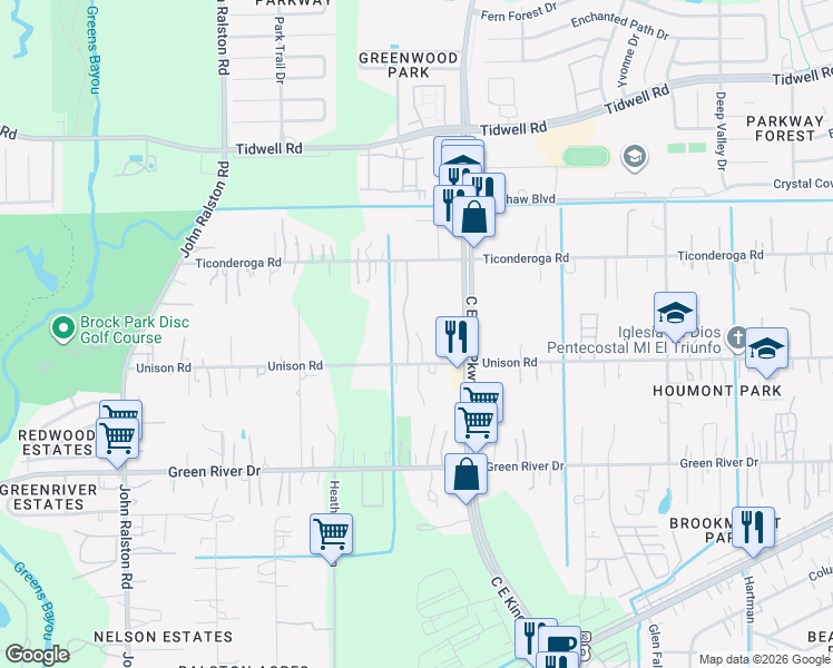 map of restaurants, bars, coffee shops, grocery stores, and more near 12302 Ticonderoga Road in Houston