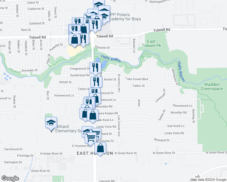 map of restaurants, bars, coffee shops, grocery stores, and more near 8917 Chatwood Drive in Houston