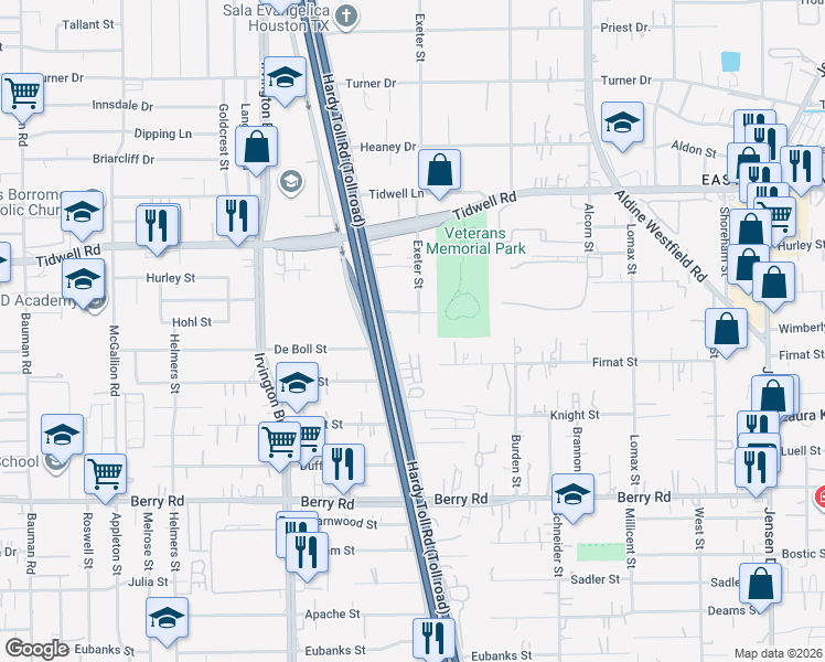 map of restaurants, bars, coffee shops, grocery stores, and more near 1725 Hector Street in Houston
