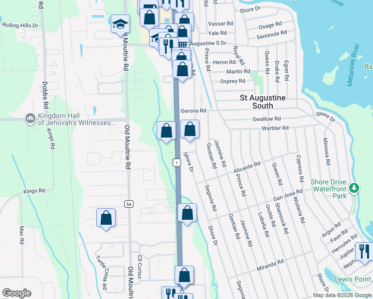 map of restaurants, bars, coffee shops, grocery stores, and more near 238 Segovia Road in St. Augustine