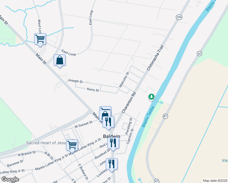map of restaurants, bars, coffee shops, grocery stores, and more near 101-199 Joseph Street in Jeanerette