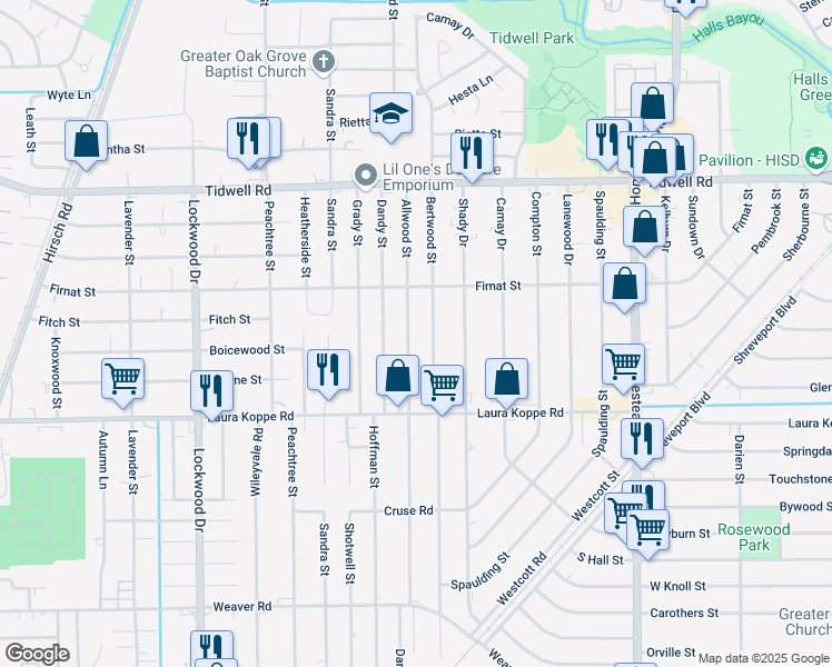 map of restaurants, bars, coffee shops, grocery stores, and more near 9101 Bertwood Street in Houston