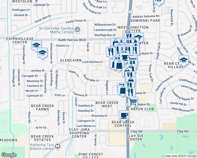 map of restaurants, bars, coffee shops, grocery stores, and more near 16506 Royal Mile Lane in Houston