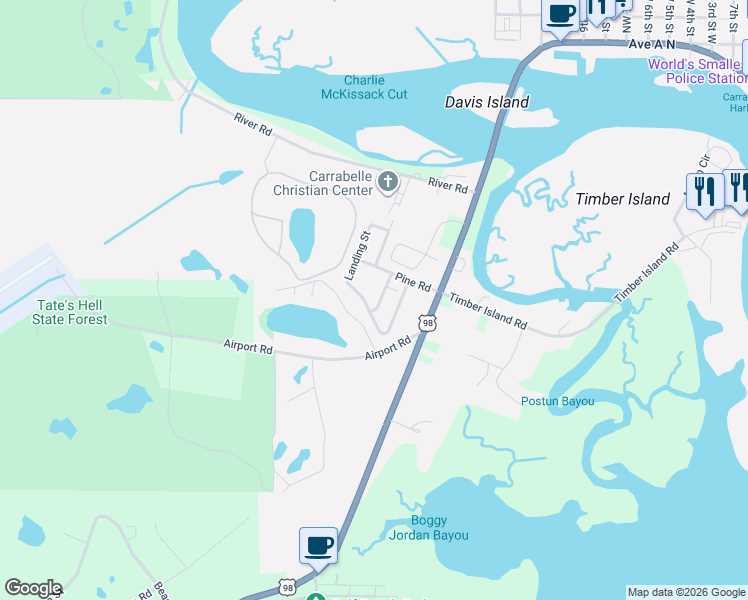 map of restaurants, bars, coffee shops, grocery stores, and more near 1681 Landing Street in Carrabelle