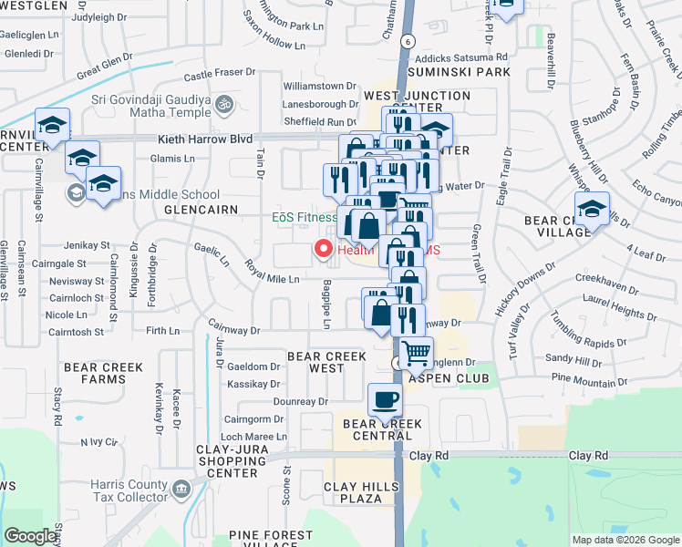 map of restaurants, bars, coffee shops, grocery stores, and more near 16321 Loch Katrine Lane in Houston