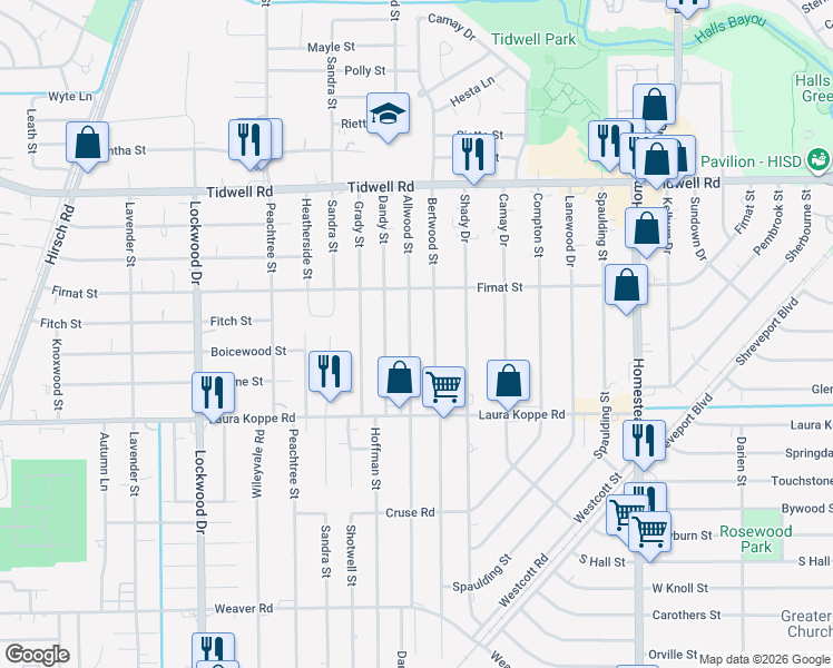 map of restaurants, bars, coffee shops, grocery stores, and more near 9101 Bertwood Street in Houston