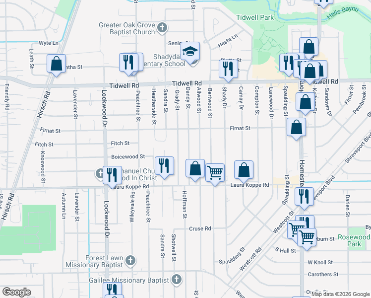 map of restaurants, bars, coffee shops, grocery stores, and more near 9108 Dandy Street in Houston