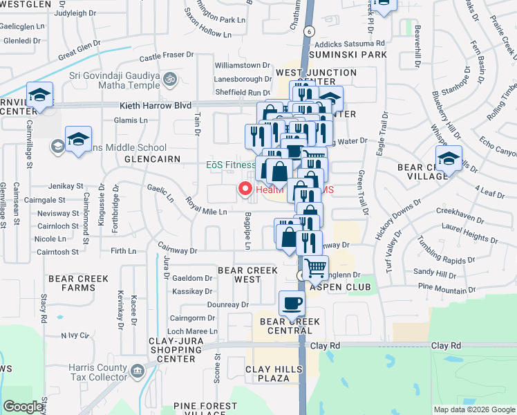 map of restaurants, bars, coffee shops, grocery stores, and more near 16321 Loch Katrine Lane in Houston