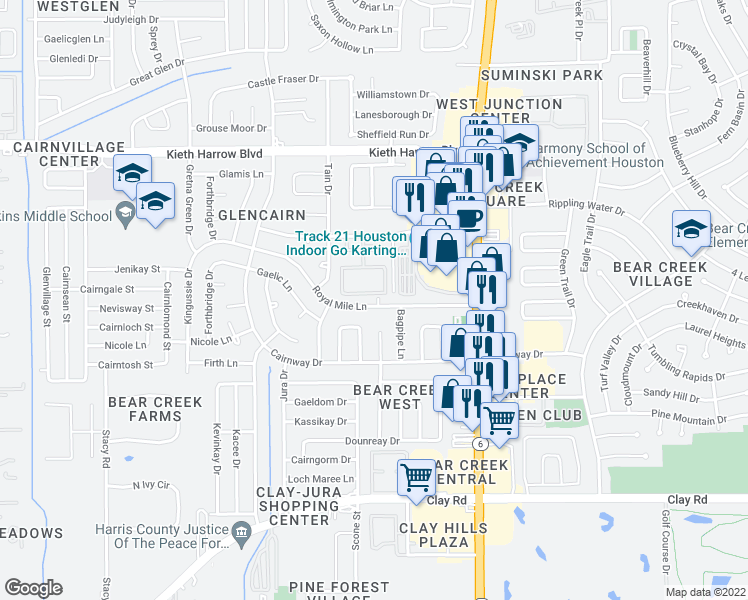 map of restaurants, bars, coffee shops, grocery stores, and more near 16502 Royal Mile Lane in Houston