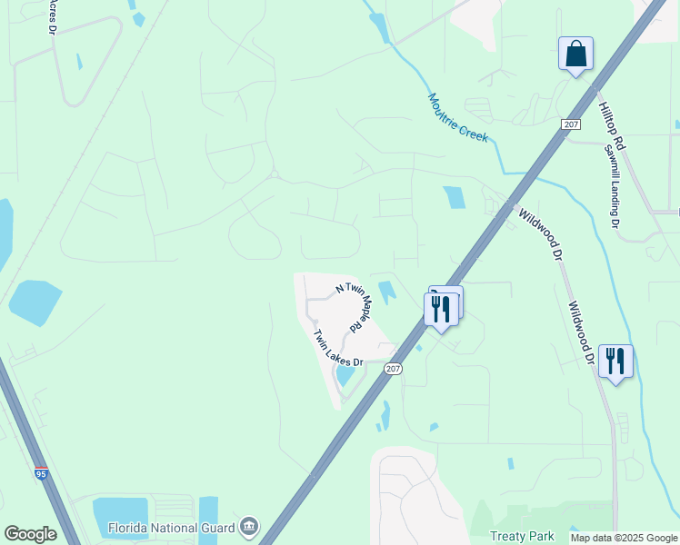 map of restaurants, bars, coffee shops, grocery stores, and more near 170 Twin Lakes Drive in St. Augustine