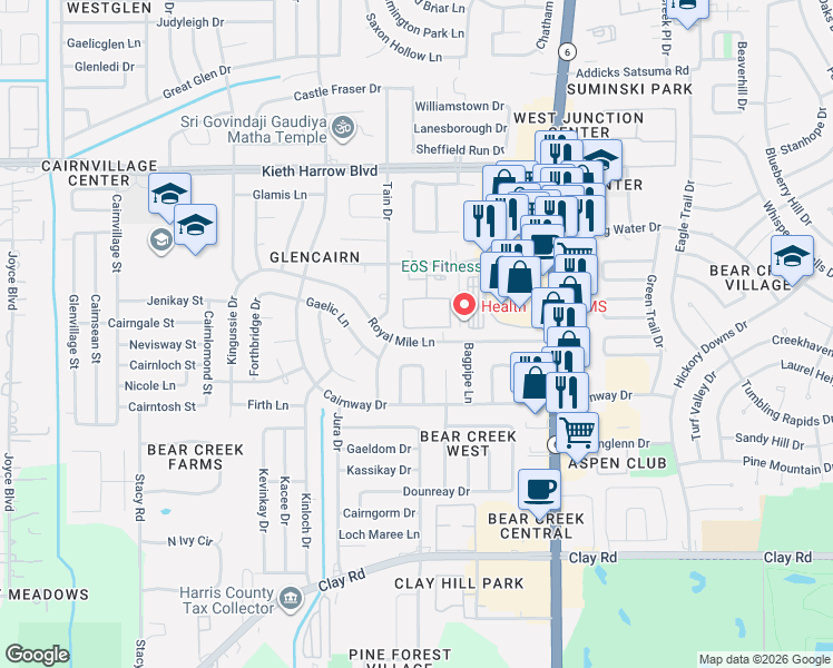 map of restaurants, bars, coffee shops, grocery stores, and more near 16506 Royal Mile Lane in Houston