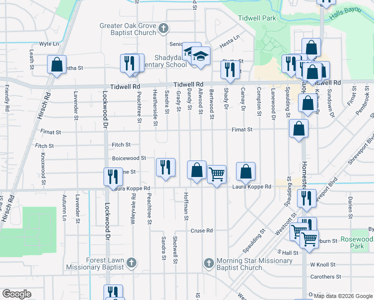map of restaurants, bars, coffee shops, grocery stores, and more near 9108 Dandy Street in Houston