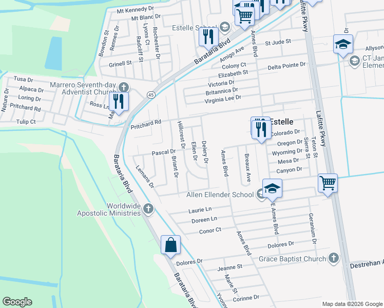 map of restaurants, bars, coffee shops, grocery stores, and more near 3937 Ellen Drive in Marrero