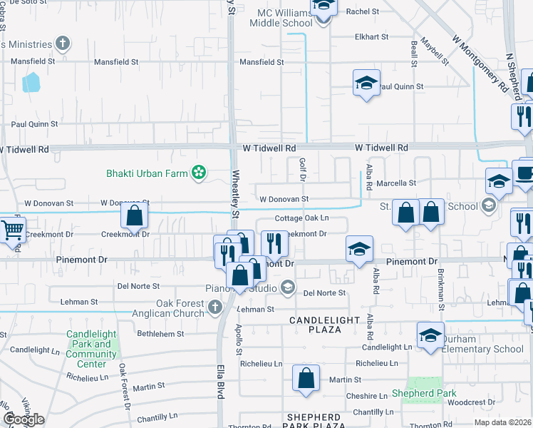 map of restaurants, bars, coffee shops, grocery stores, and more near 1138 Cottage Oak Lane in Houston