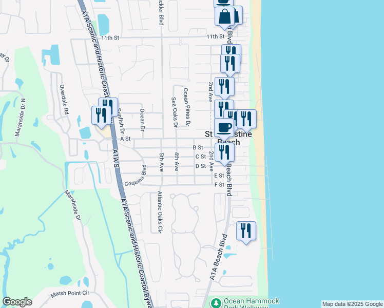 map of restaurants, bars, coffee shops, grocery stores, and more near 218 B Street in St. Augustine Beach