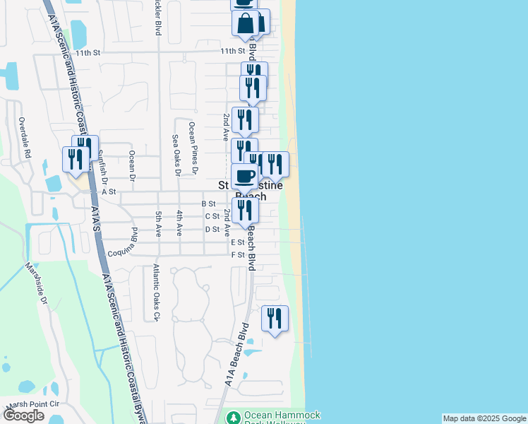 map of restaurants, bars, coffee shops, grocery stores, and more near in St. Augustine Beach