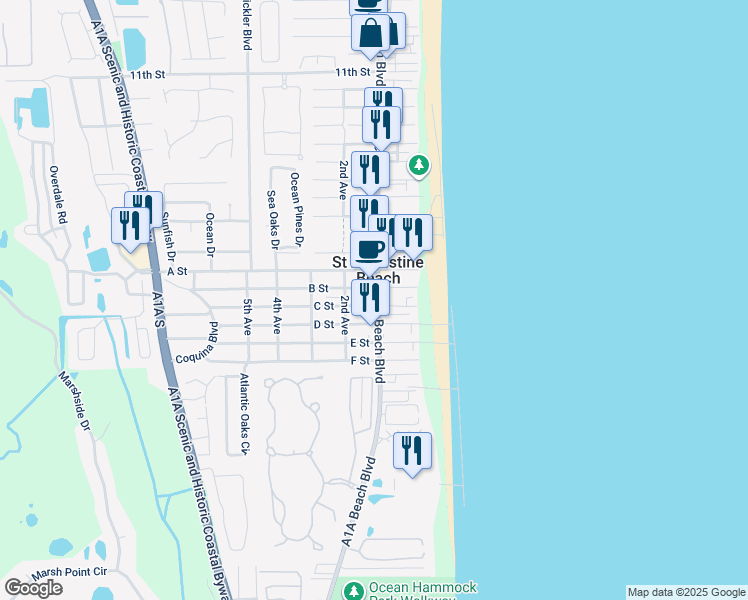 map of restaurants, bars, coffee shops, grocery stores, and more near in St. Augustine Beach