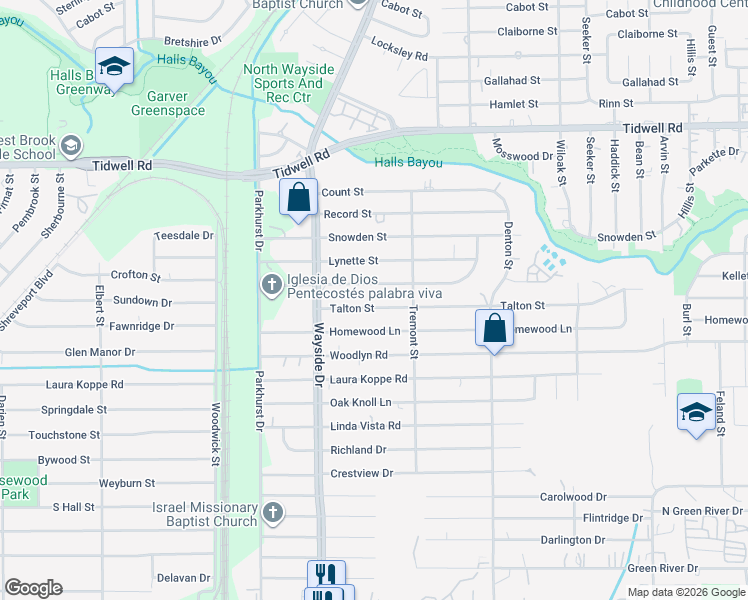 map of restaurants, bars, coffee shops, grocery stores, and more near 8018 Way Street in Houston
