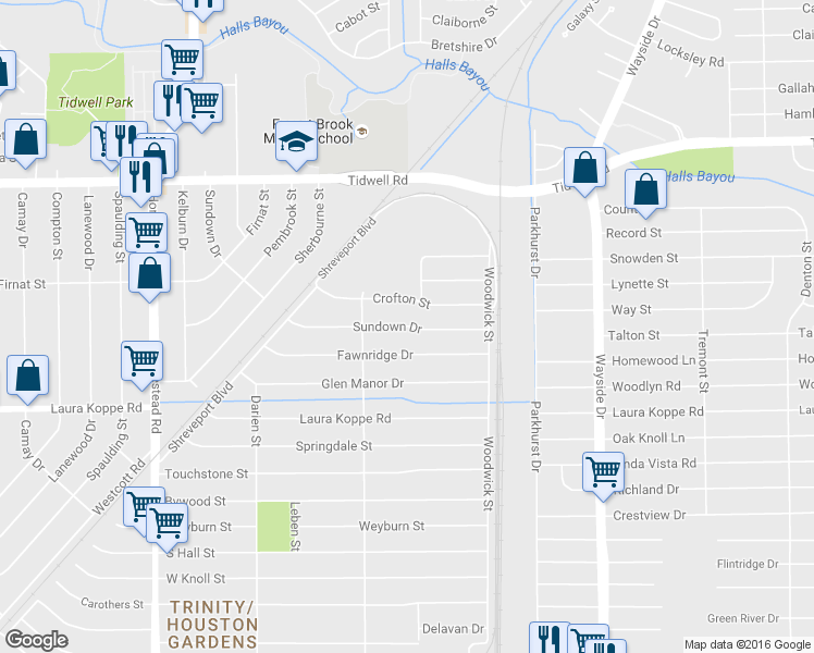 map of restaurants, bars, coffee shops, grocery stores, and more near 7542 Crofton Street in Houston