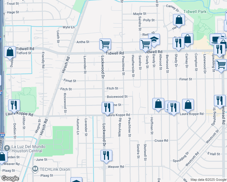 map of restaurants, bars, coffee shops, grocery stores, and more near 5015 Fitch Street in Houston
