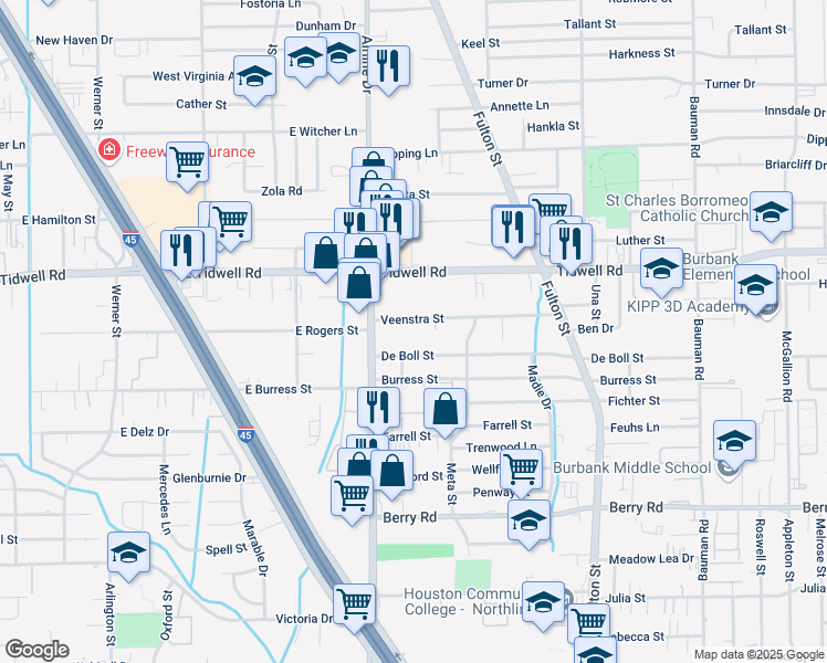 map of restaurants, bars, coffee shops, grocery stores, and more near 8 Veenstra Street in Houston