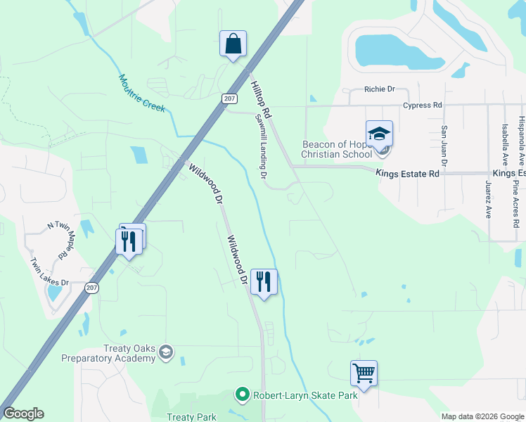 map of restaurants, bars, coffee shops, grocery stores, and more near 1530 Wildwood Drive in St. Augustine