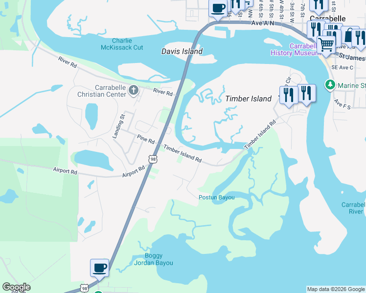 map of restaurants, bars, coffee shops, grocery stores, and more near 123C Timber Island Road in Carrabelle