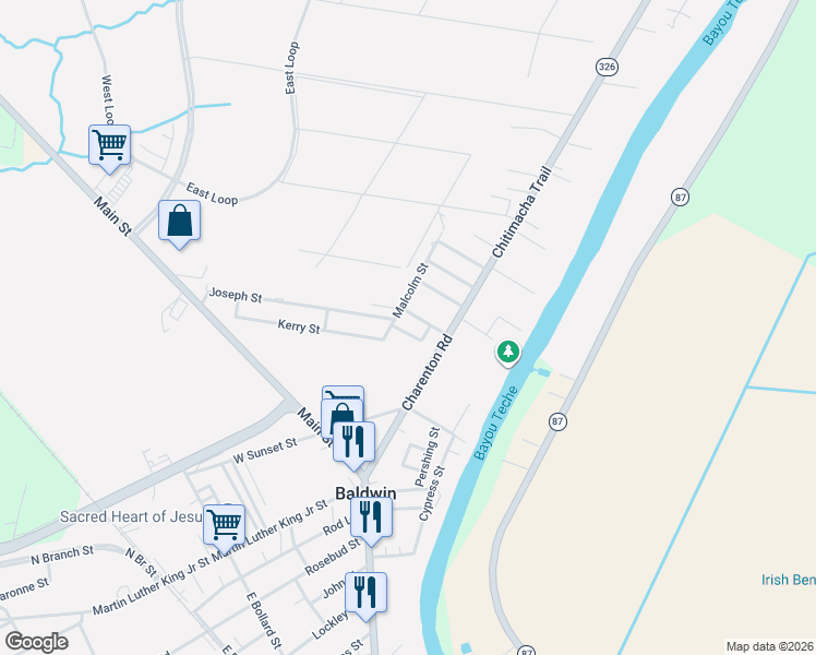 map of restaurants, bars, coffee shops, grocery stores, and more near 105-199 Malcolm Street in Jeanerette