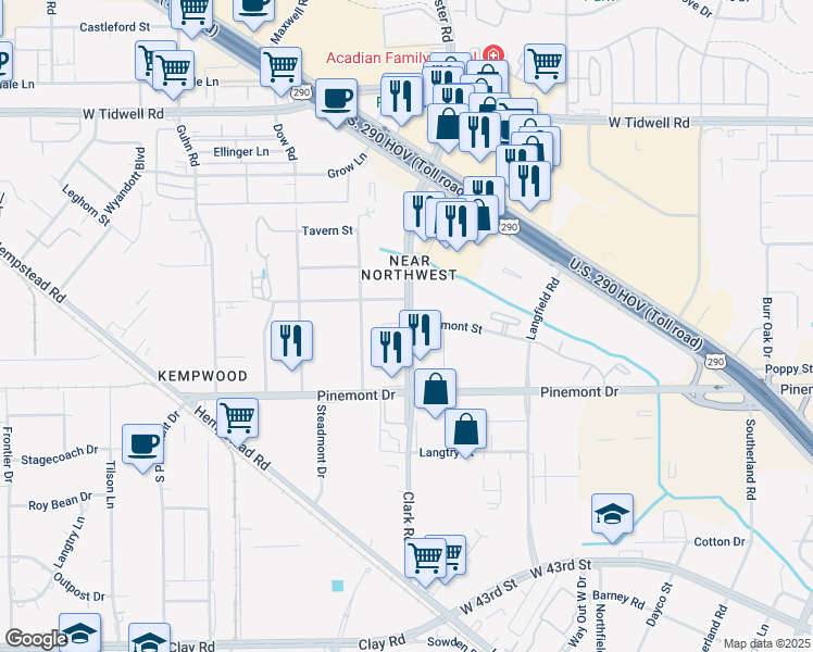map of restaurants, bars, coffee shops, grocery stores, and more near 7055 Hollister Street in Houston